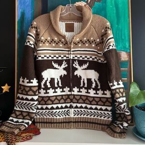 Canadiana Sweater XL Full Zip Brown Moose Holiday Winter Knit Canada Jacket